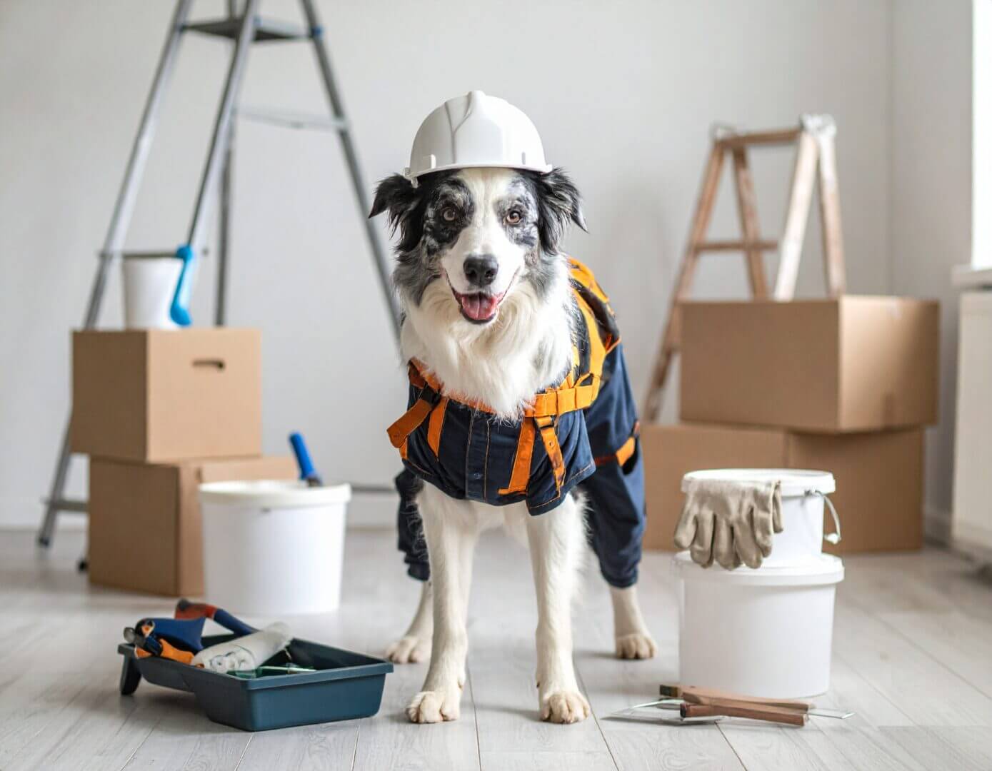 Bodercollie in een werkruimte met werkkleding aan en een werkhelm op.